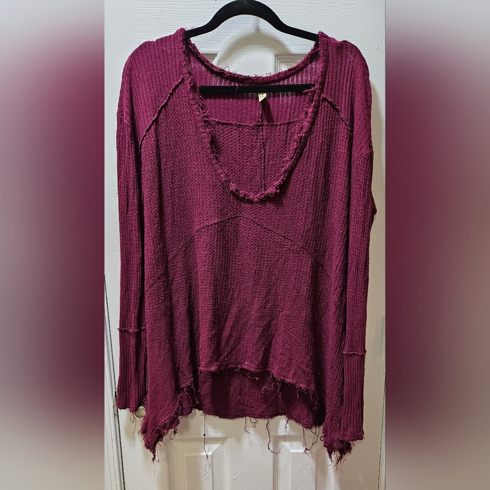 Free People Maroon Distressed/Frayed Top